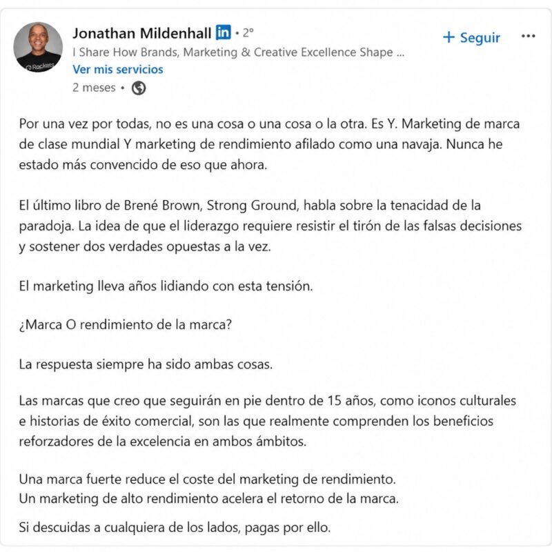 post de linkedIn marketing de marca y performance
